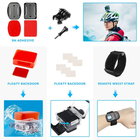 All In One Action Camera Accessory Kit For GoPro And Other Models With 3M adhesive, floaty backdoor, and remote wrist strap.