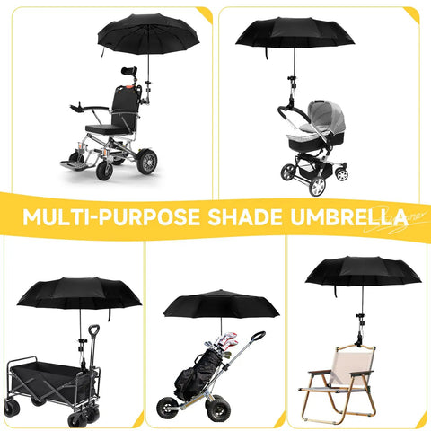 Beat The Heat All Day Chair Umbrella With Universal Clamp Portable Canopy Sunshade 360 Degree Swivel on wheelchair, stroller, cart.