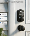 Keyless Fingerprint Door Lock With Keypad Deadbolt In Matte Black, water resistant on a white door, ideal for outdoor use.