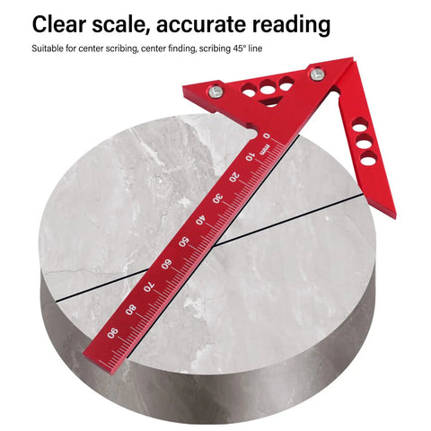 Dead On Aluminum Alloy Center Finder For Woodworking No Nonsense 45 Degree Scribe Marking Tool With Clear Metric Scale on round stock.