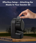 Hand attaching Bahtinov mask to ZWO Seestar 50 telescope with Pro Bahtinov Focusing Mask Kit and Front Holder