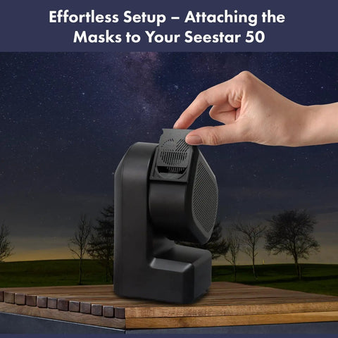 Hand attaching Bahtinov mask to ZWO Seestar 50 telescope with Pro Bahtinov Focusing Mask Kit and Front Holder