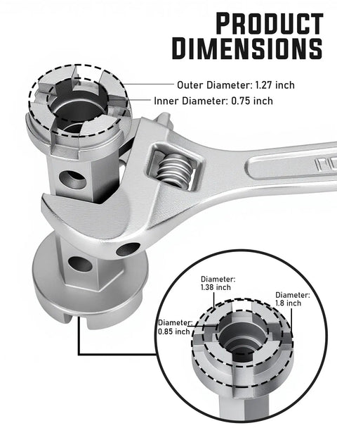 Product dimensions of Workhorse Tub Drain Remover and Basin Wrench, showing detailed measurements in aluminum design.