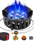 72,000 BTU Propane Burner Outdoor Camp Stove With Windproof Design and Piezo Ignition, showing components and blue flame.