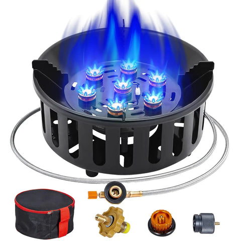 72,000 BTU Propane Burner Outdoor Camp Stove With Windproof Design and Piezo Ignition, showing components and blue flame.