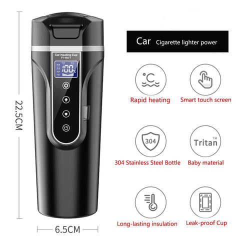 12V 24V Car Travel Heating Mug With Smart Temperature Control Coffee Warmer 16 Oz features digital controls and stainless steel design.