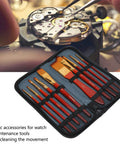 Watch Cleaning Brush Set With Red Wooden Handles And Heads, 10 Sizes, Precision Movement Maintenance Tools, open case on display
