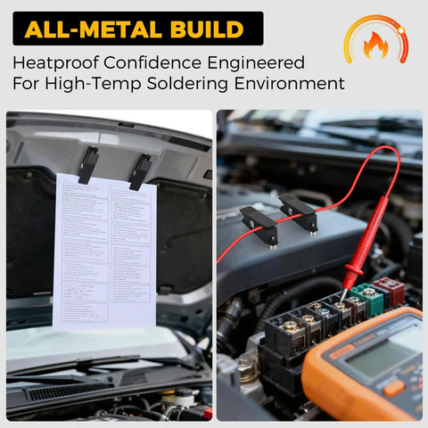 Third Hand Soldering Clamp With Magnetic Clip used on car hood holding papers and checking electronics, adjustable metal stand
