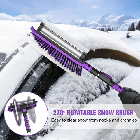 5 In 1 Ice Scraper And Extendable Snow Brush For Car Windshield With 47 Inch Reach showing 270 degree pivoting head clearing snow