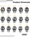 Grab This Awesome 15 Piece Er11 Spring Collet Set For Your CNC Mill, Engraver And Lathe Tool That Gives You Wild Precision From One To Seven Mm Plus Inch Sizes To Crush Any Project showing dimensions of 15 stainless steel collets.