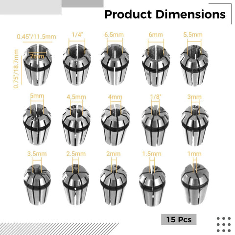 Grab This Awesome 15 Piece Er11 Spring Collet Set For Your CNC Mill, Engraver And Lathe Tool That Gives You Wild Precision From One To Seven Mm Plus Inch Sizes To Crush Any Project showing dimensions of 15 stainless steel collets.