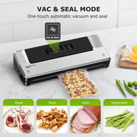 Compact Vacuum Sealer for Kitchen Storage and Meal Prep with Vac and Seal, Pulse Vac, and Seal Modes, sealing nuts
