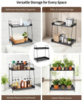 Versatile storage rack with black metal frame and wooden shelves used for bathroom, office, kitchen, and plant organization.