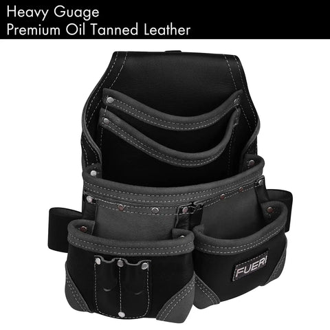 Premium Full Grain Leather Tools Pouch Belt Organizer With Five Pockets For Carpenters And Electricians Heavy Duty Construction Framer Tool Belt Bag Black Durable Compact Yet Versatile.