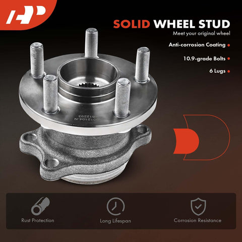 Solid wheel stud with anti-corrosion coating, 10.9-grade bolts, and 6 lugs, highlighted in product features.