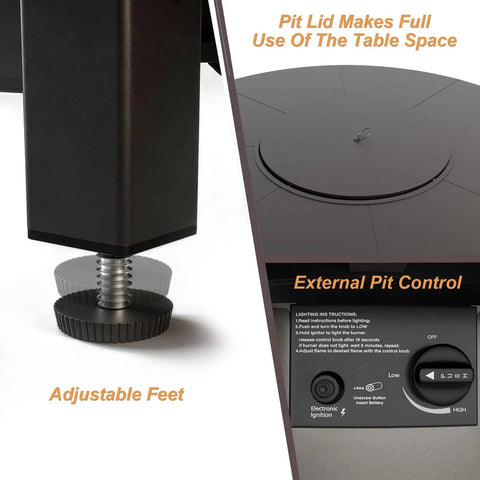 External pit control and adjustable feet on 48 Inch Round Propane Fire Pit Tabletop Outdoor Heater With Auto Ignition 55000 BTU CSA Certified