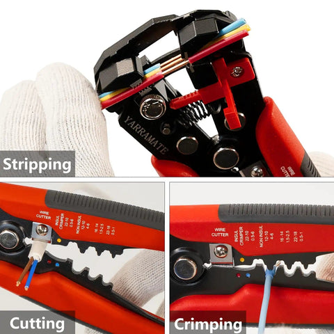 Self Adjusting 3 In 1 Wire Stripper Crimper And Cutter For 10 To 24 AWG Automatic Universal Stripping Tool 8 Inch Multitool in use