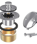 Chrome-plated all-metal bathtub drain kit with lift-and-turn stopper and two-hole overflow faceplate