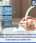 Odorless CPAP Cleaner Pre-Wash 16 Fl Oz Dye-Free Safe All-In-One Formula For All CPAP Gear Including Masks Hoses Tubes And Reservoirs Keeps Your Machine Fresh Smell-Free And Performance Ready. Bottle beside CPAP hose and sink