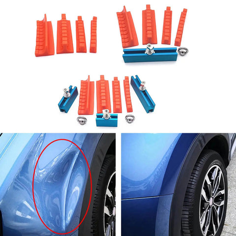 Paintless Dent Repair Kit For Auto Body Sheet Metal With Pulling Tabs Set Traceless Remover For Cars shown with before and after dent repair images
