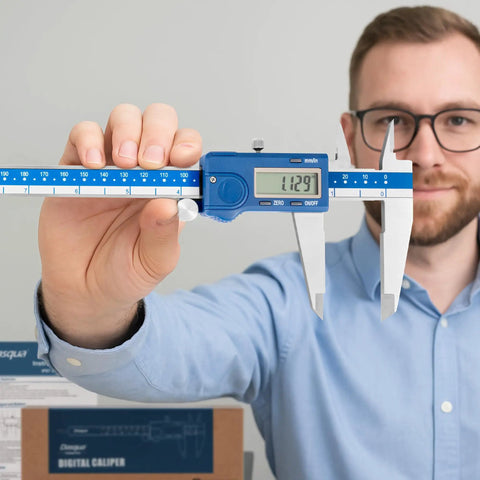 Man holding Left-Handed Digital Caliper With Large LCD Screen, Stainless Steel Body, Dual Reading In Inches And Millimeters