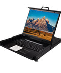 1U Rackmount KVM Switch Console Featuring 19 Inch LCD Display Integrated Keyboard And Touchpad Eight Port VGA Server Manager sleek black design with open monitor