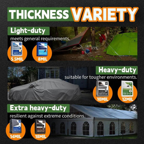Tarp thickness variety chart showing 12 Mil Heavy Duty White Tarp 12x20 Feet, selection for outdoor use and equipment cover.