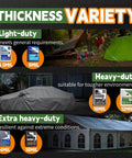Thickness variety chart for Heavy Duty Waterproof Tarp 8 By 12 Feet 14 Mil Thick Workhorse Poly Tarp With Metal Grommets