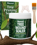 Pro Grade Heavy Duty Tree Wound Sealer And Dressing 500G jar with brush, gloves, and box on a tree branch with leaves