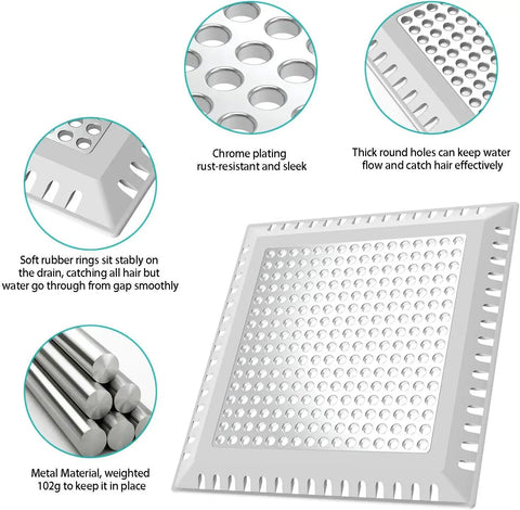 Hair Catcher And Drain Strainer For Shower And Bathroom Floor Drain Stainless Steel With Silicone Gasket Fits 4 Inch Drains Square Or Round Patented Design Easy Clean And Durable No Clog, showing details of chrome plating and soft rubber rings.