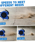 1/4HP Air Mover High Velocity Blower Fan 450 550 600 CFM 3 Speed Settings 3 Hour Timer blowing debris on concrete