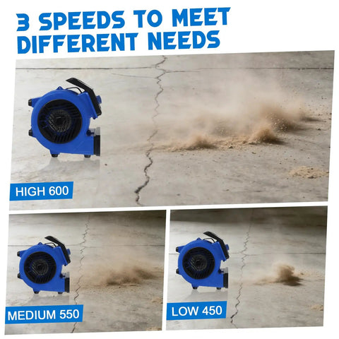 1/4HP Air Mover High Velocity Blower Fan 450 550 600 CFM 3 Speed Settings 3 Hour Timer blowing debris on concrete