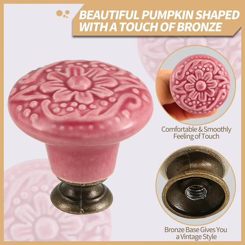 Rose Red Ceramic Flower Cabinet Knobs 10 Pack With Screws Embossed Floral Drawer Handles Kitchen Cupboard Hardware Hits Different Vintage Style Pantry Setup Total Game Changer in pumpkin shape with bronze base.