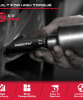 Mechanic using Three Eighths Inch Drive Impact Socket Set 49 Piece Built Tough Includes SAE From Five Sixteenths To Three Quarters Inch And Metric 8 To 22 Millimeters With Extension Bars And Universal Joint Deep And Shallow Sockets CR V Construction For Heavy Duty on vehicle.