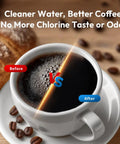 Must Have Replacement Water Filters Straight Up Knocking Out Hard Water Scale Keeping Espresso Shots Crystal Clear in a coffee cup.