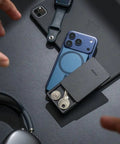 MagSafe Coin Tray With Cardholder Pro Attachment And Detachable Wallet Modular System For iPhone on a surface with coins and key visible