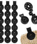 50 Pack Tough As Nails Netting Clips With Grommet Holes displayed on a surface, showcasing black polymer fasteners for gardens.