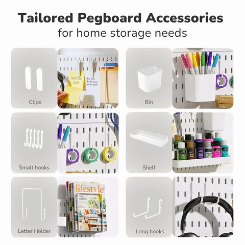 Boss Level Peg Board Wall Organizer With Expanding Plastic Panels For Home Office Storage Craft Room Vibes And Gaming Setup White 22x22 Inches, tailored accessories layout.