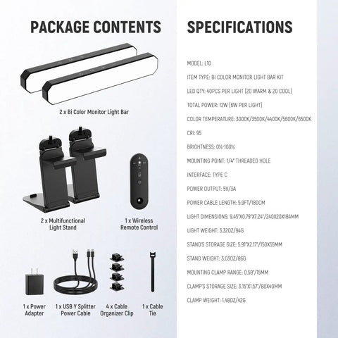 Package contents and specifications for Bi Color Dual Monitor Light Bar With Stands For Home Office And Zoom Calls