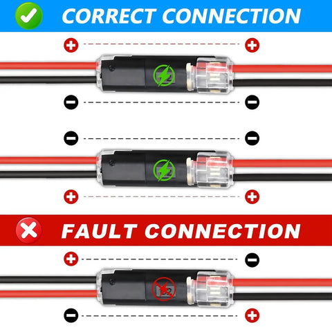 Double Wire Plug In Connector Kit For Low Voltage LED Light Strips With Locking Buckle, 2 Pin Quick Disconnect Connectors For DIY And Repair, tool-free 2-wire wiring diagram