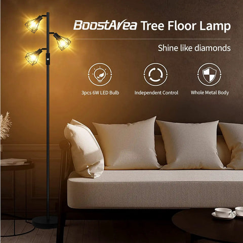 Industrial Floor Lamp With E26 Socket And Footswitch All Metal Standing Lamp For Living Room Bedroom And Office Rustic Vintage Farmhouse Style Eco Friendly LED Ready No Bulb Included with three glowing bulbs in a cozy lounge setting