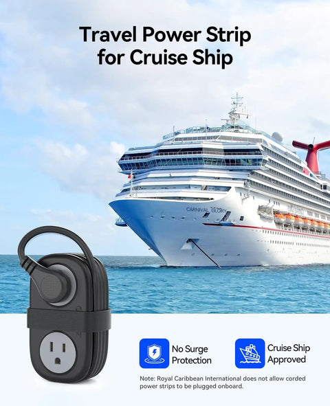 Compact Travel Power Strip With Four AC Outlets And A Four Foot Wrap Around Cord Perfect For Cruises RV Trips Or Vacations on a cruise ship.