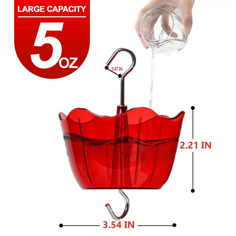 Hummingbird Feeder Ant Moats 4 Pack 5 Oz High Capacity Ant Guard Cups, red, with dimensions, being filled with water.
