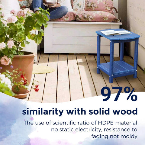 Square Outdoor Side Table With 2-Tier Storage, Weatherproof HDPE End Tables for backyard setting with floral cushions.