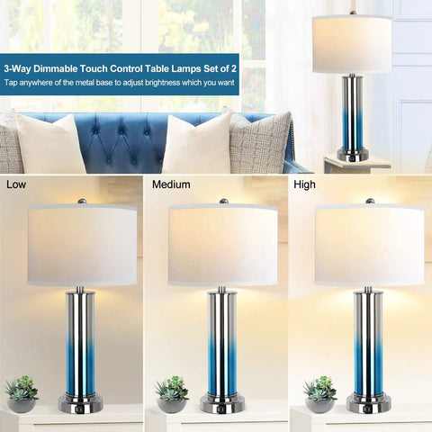 Set Of 2 Ombre Indigo Glass Table Lamps With USB Ports, LED Bulbs Included, Three Way Dimmable Light, shown in different brightness levels