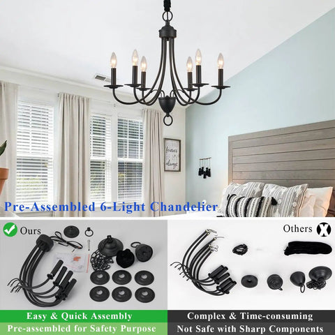 Six Light Black Farmhouse Chandelier With Industrial Modern Vibe Candle Style Hanging Light Fixture shown above a bed