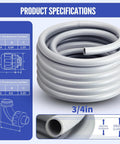 Rock Solid Flexible Liquid Tight Conduit 3/4 Inch 50 Foot Coil showing dimensions and coiled gray PVC pipe for wiring projects.