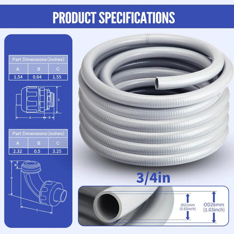 Rock Solid Flexible Liquid Tight Conduit 3/4 Inch 50 Foot Coil showing dimensions and coiled gray PVC pipe for wiring projects.