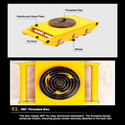 Heavy Duty Moving Dolly With 360 Degree Swivel Load Rollers For Pianos Safes And Shop Gear showing threaded disc and reinforced steel plate.