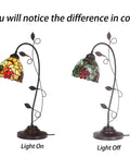 Grape Tiffany Style Stained Glass Table Lamp With Grapevine Decorated Base, warm glow light on and off comparison